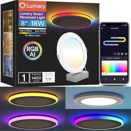 Lumary RGBAI Smart Recessed Lighting 8 Inch with Gradient Accent Light and Night Ring, 18W 1400LM Smart Can-Killer Downlight, Compatible with Alexa/Google Assistant/Siri, 1PCS