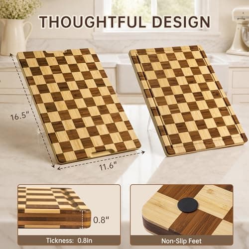 THETCHRY Checkered Bamboo Cutting Board, Thick End-Grain Wood Cutting Boards for the Kitchen, Chopping Boards with Juice Groove, Non-Slip, Durable & Crack-Resistant, Perfect Gifts 16.5” x 11.6” x 0.8” - Thumbnail 4