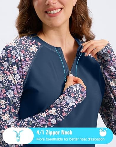 Viodia Womens Swim Shirt UPF50+ Rash Guard Long Sleeve Swimsuit Top Sun Protection Shirts Bathing Suit with Zipper Purple Flower XL - Thumbnail 3
