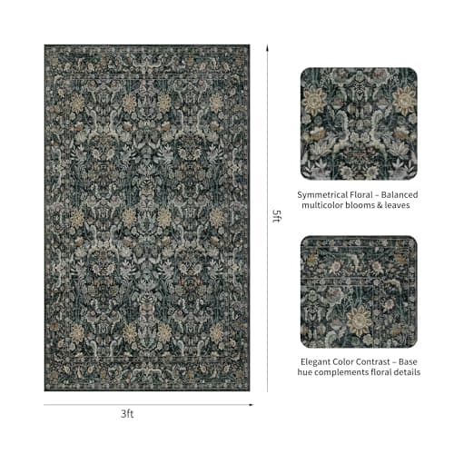 Luxcrest Green 3x5 Area Rug: Vintage Floral Washable Rugs for Entryway Kitchen Bedroom Indoor - Non-Slip Stain Resistant Thin Low Pile - Dark Green - Thumbnail 2