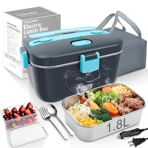 COZYEXPERT Electric-Lunch-Box-Heated-Food-Warmer 100W Heating Lunchbox for Adults 1.8L Portable Food Heater for Work/Car, 12V/24V/110-230V Lonchera Eléctrica Portátil with Fork Spoon (Gray+Blue) - Image 1
