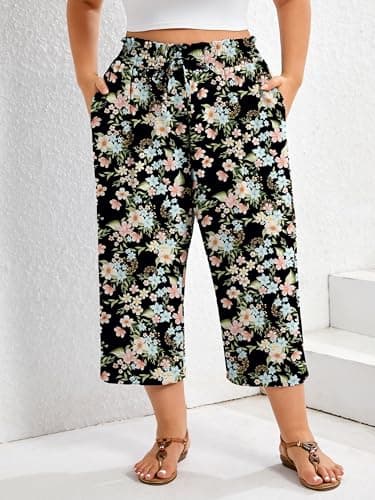 AusLook Plus Size Capri Wide Leg Pants for Women with Pockets High Waisted Elastic Drawstring Summer Casual Flowy Boho Vacation Beach Cropped Black Ditsy Florals 3X Trousers - Thumbnail 3
