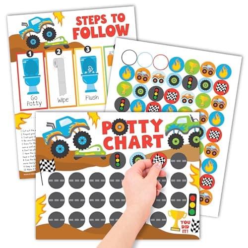 Hadley Designs Potty Training Chart for Toddlers Boys -10 Sticker Potty Chart for Toddlers Boys, 8.5x11" Potty Training Sticker Charts for Toilet Success, Monster Truck Toddler Reward Chart for Kids - Image 1