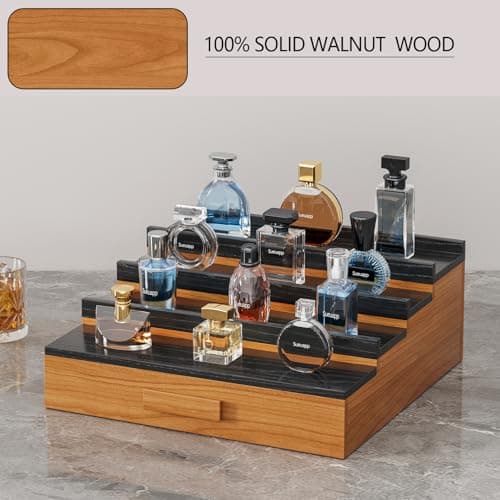 Sueuapp Solid Walnut Cologne Organizer for Men,4 Tier Cologne Stand Display Shelf with Hidden Storage and Drawer,Perfume Stand Organizer,Perfume Holder Great Gift for Men Father - Thumbnail 3