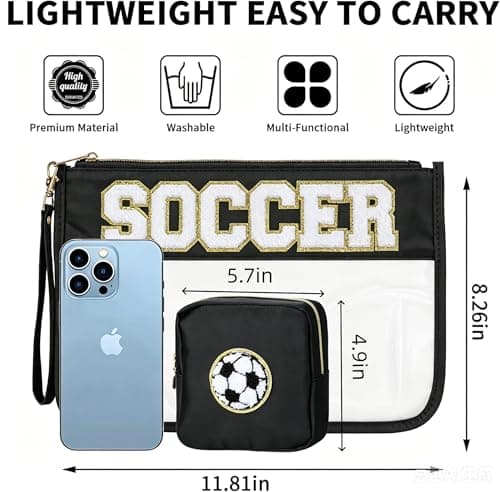 4EVERHOPE 2 Pcs Soccer Gifts Cosmetic Bags, Baseball Mom Essentials, Makeup Bag With Chenille Letters, PVC Travel Toiletry Organizer for Stadium, Sports Events, Team Gifts (Soccer-Black) - Thumbnail 4