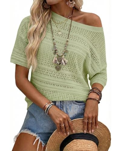 Arach&Cloz Womens 2026 Spring Summer Linen Blend Crochet Tops Beach Casual Short Sleeve Sweater Pullover Shirts Boho Resort Wear Vacation Cruise Outfits Lightweight Trendy Fashion Light Green XXL - Image 1