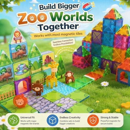 LATI Magnetic Tiles Building Set, Zoo World Animal Magnet Blocks with Giraffe, Lion & Bear, STEM Build & Play Toy for Kids Ages 3-8, Educational Gift for Boys & Girls - Thumbnail 6