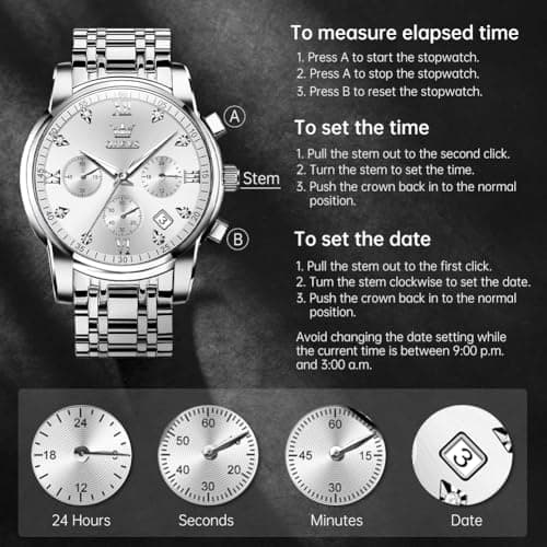 OLEVS Watch Men Silver Watches for Men Stainless Steel Analog Quartz Mens Watches Dress Waterproof Metal Band Luxury Wrist Watch for Man with Day Date Diamond Large Face Chronograph Reloj para Hombre - Thumbnail 4