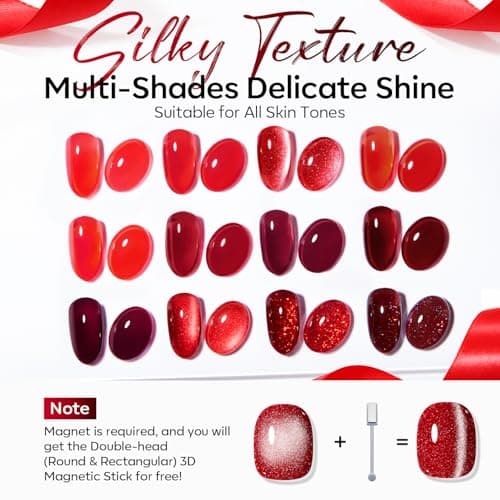 modelones 12Pcs 15ML Red Gel Nail Polish Set, Same Bottle Same Bottle Burgundy Cherry Dark Red Cat Eye Glitter Color Changing Hema Free Gel Polish Kit with Magnet Soak Off Manicure Nail Art DIY - Thumbnail 6