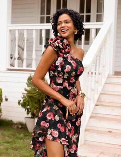 GRACE KARIN Womens Floral One Shoulder Wedding Guest Dresses Sleeveless Flowy Ruffle Sexy Long Sundresses Black 6 - Thumbnail 6