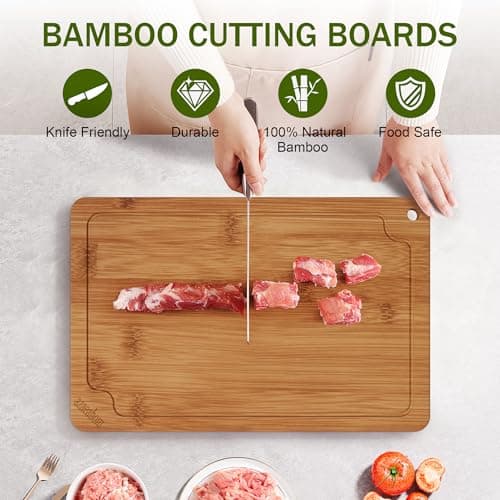 Bamboo Cutting Boards for Kitchen, Wood Cutting Board Set with Juice Grooves & Built-in Handles, Easy Storage & Clean Chopping Board for Meat, Vegetables, Fruit(4 Pcs) - Thumbnail 3