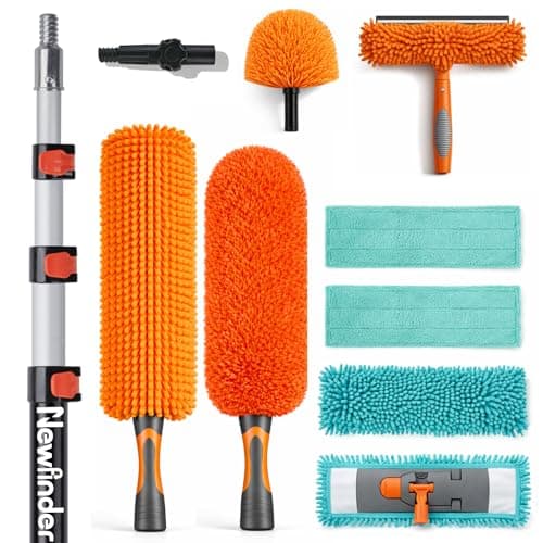 Newfinder 20ft High Ceiling Duster Kits with 4-12ft Heavy Duty Extension Pole, Ceiling Fan Duster, Cobweb Duster, Microfiber Duster, Window Squeegee & Cleaner, Wall Mop for Home & House Cleaning