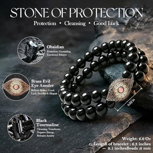 Evil Eye Bracelets for Men, 8MM Black Obsidian Lapis Lazuli Tiger Eye Stretch Beaded Protection Bracelet Guardian Jewelry Gifts with Meaning Card Meaningful Gift for Him (Birthday/Graduation/New Job) - Thumbnail 5