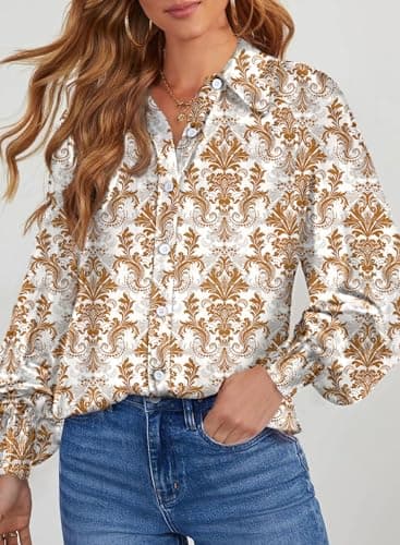Dokotoo Womens Ladies Plus Size Tops for Women Long Sleeve Shirts Trendy V Neck Chiffon Button Down Blouses for Women Dressy Casual Allover Print Shirts Work Business Bohemian Tops X-Large Khaki - Thumbnail 3