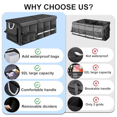 Zrgzob Car Trunk Organizer, 1680D Waterproof Oxford, Collapsible Waterproof Car Organizer Storage with Foldable Cover, Reflective Strip, 4 Mesh Pockets for SUV, Truck, Sedan, Camping, Road Trip (92L) - Thumbnail 2