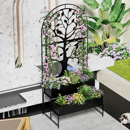 Arched Outdoor Planter Box with Trellis Set of 2 for Climbing Plants, 2 Tiers Metal Privacy Planters for Patio, Raised Garden Bed with Legs, for Vegetables, Balcony, 75.2 x 22 x 34.6 Inch, 2PCS, Black - Thumbnail 6