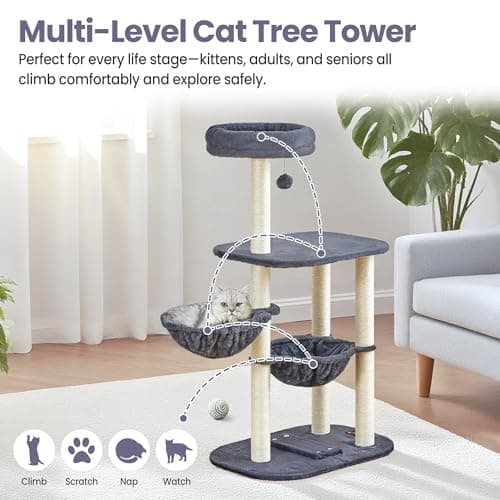 Small Cat Tree Tower with Lots of Scratching Posts - 42 Inch Medium Compact Cats Scratch House with Hammock Perch for Multi Level 2 Kitty - Indoor Corner Cat Bed Condo Climbing Gym Towers Furniture - Thumbnail 6