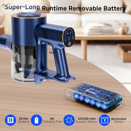 Shieal Cordless Stick Vacuum Cleaner - 45KPA Powerful Suction Vacuum with 45 Min Runtime, Detachable Battery, Anti-Tangle & 1.5L Dust Cup, 8 in 1 Vacuum Cleaner for Pet Hair, Carpet, HardFloor, Blue - Thumbnail 4