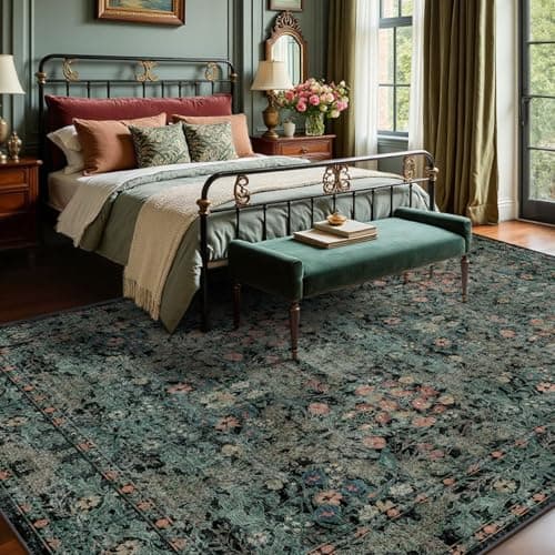 Boho Dark Green Floral Area Rug 8x10 for Living Room, Washable Farmhouse Moody Rug for Bedroom, Dining Room Under Table, Cottage Core Distressed Low Pile Non Slip Carpet, Soft Large Mat - Thumbnail 3