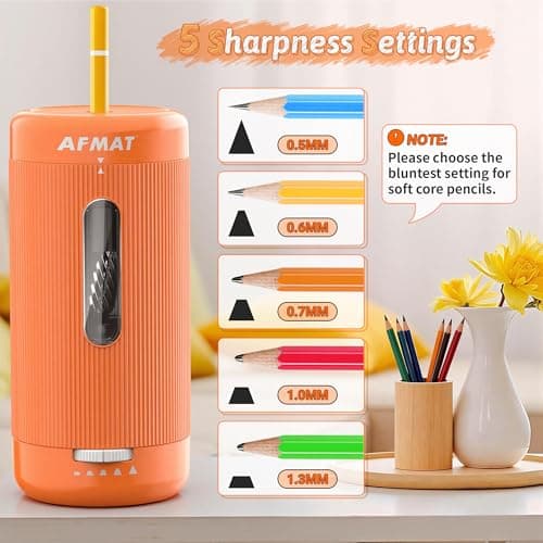 AFMAT Electric Pencil Sharpener, Auto in & Out, 5 Nibs, 7K+ Uses, Fully Automatic Pencil Sharpener for Classroom, Rechargeable Hands-Free Sharpeners for Jumbo/Colored Pencils (φ6.5-12mm) PSC3(Orange) - Thumbnail 4