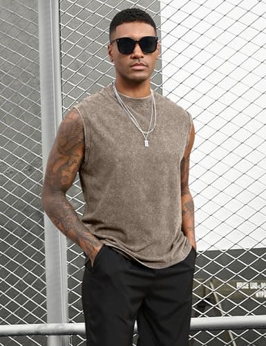 Yimoon Sleeveless Shirts for Men Workout Tank Tops Cotton Acid Wash Muscle Shirts Baggy Gym Tees(BlackGreyBeigeKhaki-XL) - Thumbnail 6
