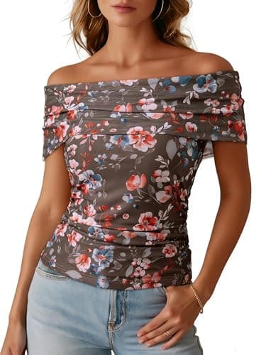 Dokotoo Women's Y2K Fashion Flower Print Tops Off The Shoulder Mesh Overlay Ruched Front Blouse Brown Large - Image 1