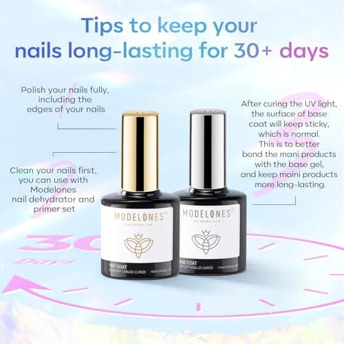 modelones Gel Top Coat, 15 ml 2026 Upgrade Super Shiny Base and Top Coat Set, Soak Off Nail Lamp Acid Free No Wipe Clear Base Top Gel Nail Polish - Thumbnail 4