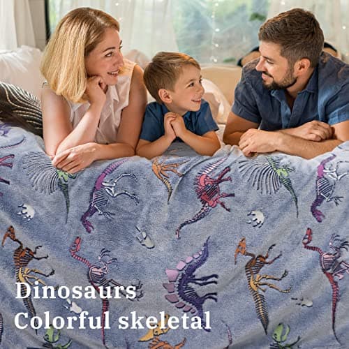 Gdindff Glow in The Dark Dinosaur Blanket for Boys, Dinosaur Toys for 3 4 5 6 7 Year Old Boys, Easter Basket Stuffers for Kids Toddlers, Cute Dino Gifts Room Decor, Soft Fleece Throw Blanket 50"x60" - Thumbnail 3