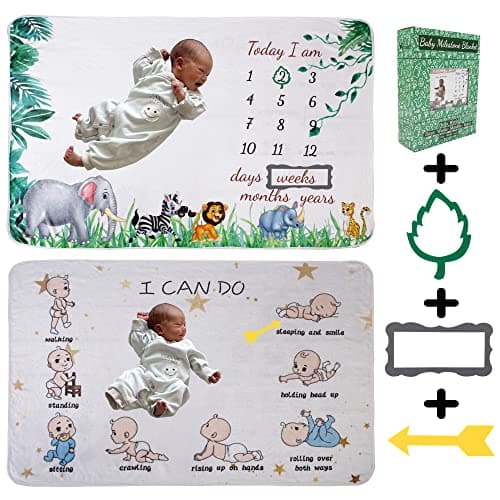 vmaisi Baby Milestone Blanket Gifts - Newborn Boy & Girl Monthly Year Infant Growth Blankets Nursery Swaddling Blankets (Green Animals - Baby, Double Printed) - Image 1