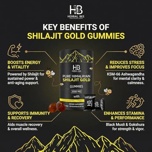 Herbal Bee Shilajit Gummies: Pure Himalayan Shilajit with Ashwagandha & Fulvic Acid, 85+ Micronutrients Trace Minerals - No Added Sugar, 100% Natural & Organic, Non-GMO for Men & Women | 60 Gummies - Thumbnail 4