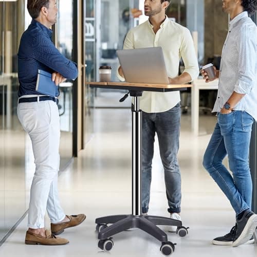 wishacc Rolling Desk Adjustable Height, Mobile Standing Desk on Wheels, Small Portable Sit Stand Laptop Cart, Wood Computer Desk with Cup Holder for Home Office (Extra Large) - Thumbnail 3