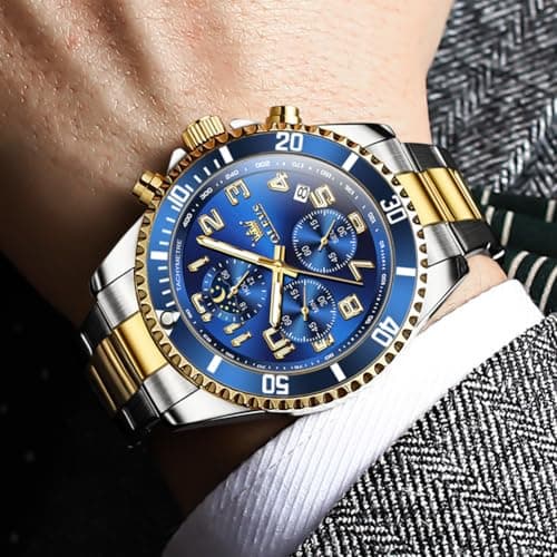 OLEVS Watch Men Luxury Chronograph Moon Phase Large Blue Face Waterproof Analog Quartz Wrist Watches for Men Fashion Silver and Gold Stainless Steel Luminous Nice Mens Watches Relojes para Hombres - Thumbnail 2