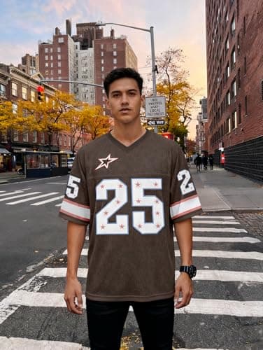 Jersey Shirts for Men Oversized Number Graphic Tees V Neck Y2k Jersey Vintage Streetwear Short Sleeves Tops Brown - Thumbnail 4