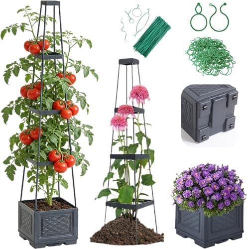 Jesosia Tomato Planter Box with Trellis - Self-Watering Rolling Raised Garden Bed with Tomato Cages for Climbing Plants - Tomato Trellis with Planter Support for Flower Vegetable Vine Indoor Outdoor