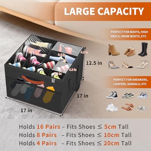 Aokeyee Shoe Organizer for Closet, 2 Pack Foldable Shoe Storage Organizer Box w/Clear Cover and 4 Reinforced Handles, Space Saving Shoes Bin Fits up to 16-32 Pairs, Black - Thumbnail 2