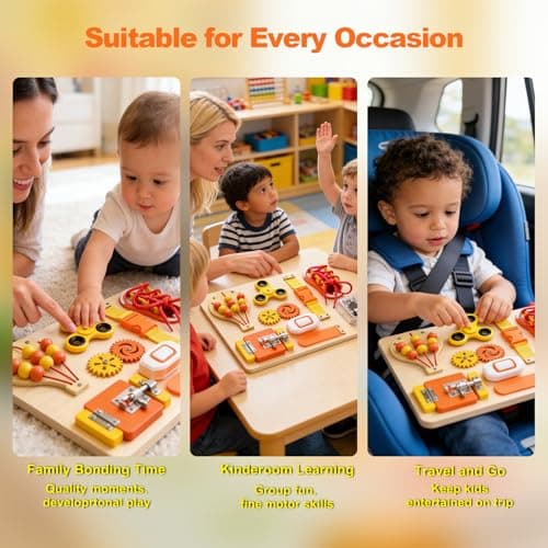 SEYTUFU Montessori Busy Board for Toddlers, Wooden Sensory Toys Autistic Children, Travel Toys for Educational Fidget Board with Switches & Music Boxes, Fidget Spinner, Locks for 3+ Year Kids Gifts. - Thumbnail 4