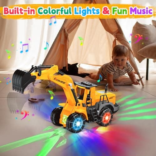 Car Toys for Toddlers, Excavator Toy with 2 Flashing Lights Music, Toy Trucks Construction Vehicle with 1 Moving Arm, Baby Toys for 3 4 5 6 Year Old Boys, Kids Valentine's Day Easter Birthday Gifts - Thumbnail 5