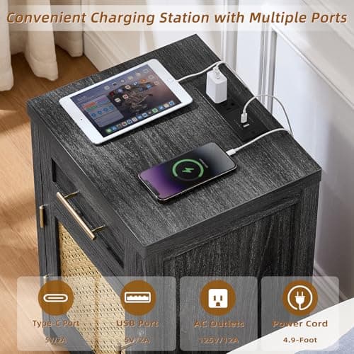 YUFAM Small Nightstand Set of 2 - Boho Rattan Night Stand with Type-C Charging Station for Bedroom, Nightstands w/Drawer for Small Space, Wood Bedside Table w/Adjustable Storage Shelf, Dark Grey - Thumbnail 4