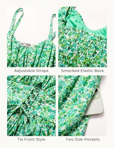 GRACE KARIN 2026 Women's Spaghetti Vacation Sundress Summer Beach Flowy Boho Floral Maxi Dresses with Pockets Green Blue Floral XL - Thumbnail 5