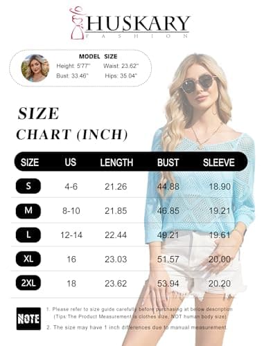 HUSKARY Beach Cover Ups for Women 2026 Trendy Summer Crochet Hollow Out 3/4 Batwing Sleeve Off Shoulder Tops Casual V Neck Loose Fit Pullover T-Shirts - Thumbnail 6