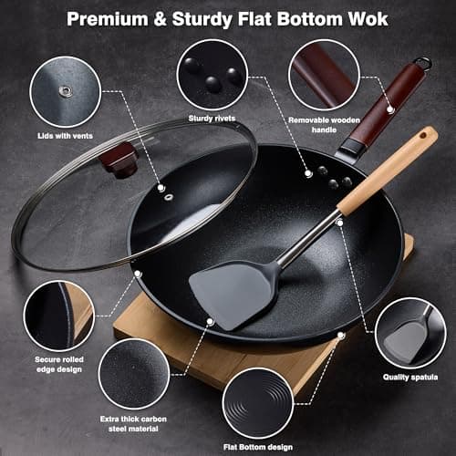 Teewe Carbon Steel Wok -13 Inch Woks & Stir-fry Pans Nonstick, Wok Pan with Glass Lid Spatula and Dish Brush: Pre-Seasoned Flat Bottom Chinese Wok for Induction, Electric, Gas, All Stoves - Thumbnail 5