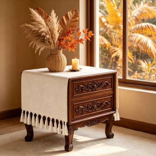 yuboo 36 Inches Boho Nightstand Dresser Cover Top for Bedroom, Short Cream Small Farmhouse Coffee Table Runner , Rustic Table Cover for Bedside Table, End Table, Nightstands, TV, Spring Table Decor - Thumbnail 5
