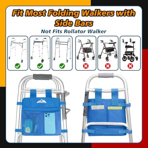 supregear Walker Side Bag, Water Resistant Accessory Basket Pouch for Folding Walkers, Lightweight Hand Free Storage Carrier Tote, Universal Size Seniors Caddy Attachment, Blue - Thumbnail 5