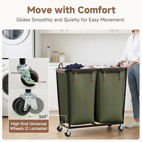 StorageWorks 390L Extra Large Laundry Hamper with Wheels, 2 Sections Laundry Basket with Wheels, Clothes Sorter Cart with Divider for Hotel, Home, Green, 1-Pack - Thumbnail 3