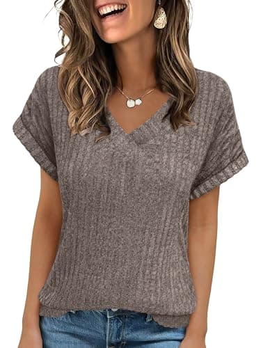 ANRABESS Women Tops Summer Sweaters Short Sleeve V Neck Shirts 2026 Spring Fashion Dressy Casual Business Tunic Blouses Cool Ash Brown X-Large - Image 1