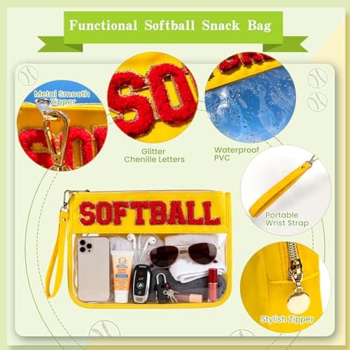 PEVART 2-Piece Softball Gifts Makeup Snack Bag Chenille Letter Patch | Large Baseball Clear PVC Travel Zipper Pouch Accessories Stuff Waterproof Portable Sport Bag for Mom, Girls - Thumbnail 3