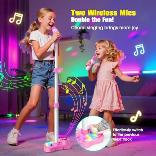 Kids Adjustable Stand Karaoke Machine Toy, 3-8 Year Old Girls Rechargeable Microphone Portable Bluetooth Speaker with 2 Mics, Toddlers Birthday Party Gifts Singing Toys for Girl Ages 3 4 5 6 7 8 - Thumbnail 3