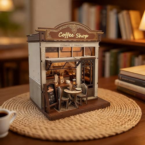 Joibabe 3D Wooden Coffee Shop Book Nook Kit - DIY Miniature Model with LED Lights, 143 Precision-Cut Pieces for Adults & Teens (1:24 Scale, Stress Relief Craft Gift) - Thumbnail 2