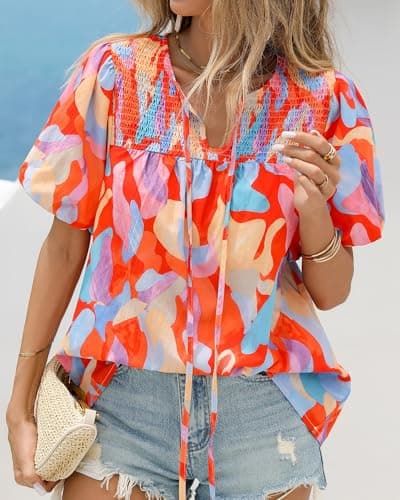 KIRUNDO Boho Tops for Women Summer 2026 Dressy Floral Blouse V Neck Drawstring Short Sleeve Shirts Beach Vacation Clothes(Pink Multicolored, Medium) - Thumbnail 4