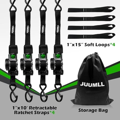 JUUMLL Retractable Ratchet Straps (4-Pack) 1” x 10ft - 1,650lb Break Strength, Heavy-Duty Auto Retracting Tie Down Straps for Cargo, Motorcycle, ATV, UTV, Kayak & Transport (Black) - Thumbnail 5